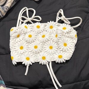 White and Yellow Daisy Embroidered Crop Top